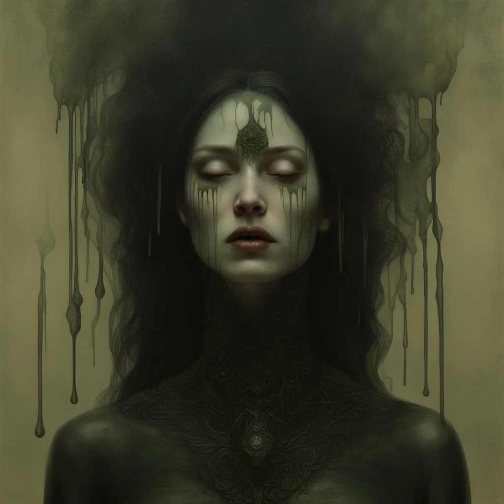 Cinematic portrait of a woman with a votive wax torso melting, cosmichorror, ooze drips, encaustic, necromancy, spotlit, bright tones, detailed, very detailed face, art by franz stuck, art by sungmoo heo, art by grace aldrich, art by tom bagshaw, art by natalie shau,