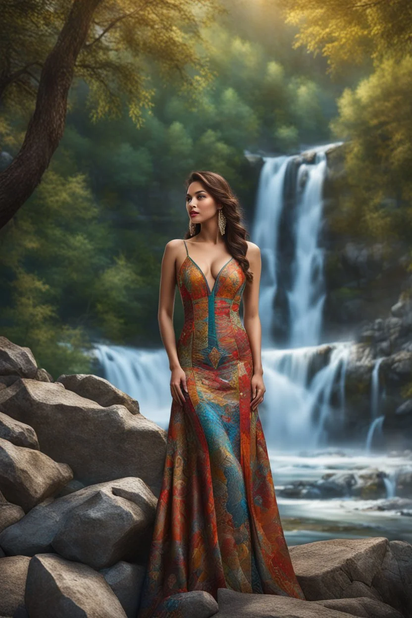 full shot body photo of the most beautiful artwork in the world featuring model, happy mood, High Detail, dramatic, photo realistic, ultra sharp, ultra hd, hyper realistic, ultra realistic, ((((dress)))), trending on artstation, sharp focus, studio photo, intricate details, highly detailed, standing in nice pose in country side with river ,water fall ,rocky valley,mountains at background, pretty clouds