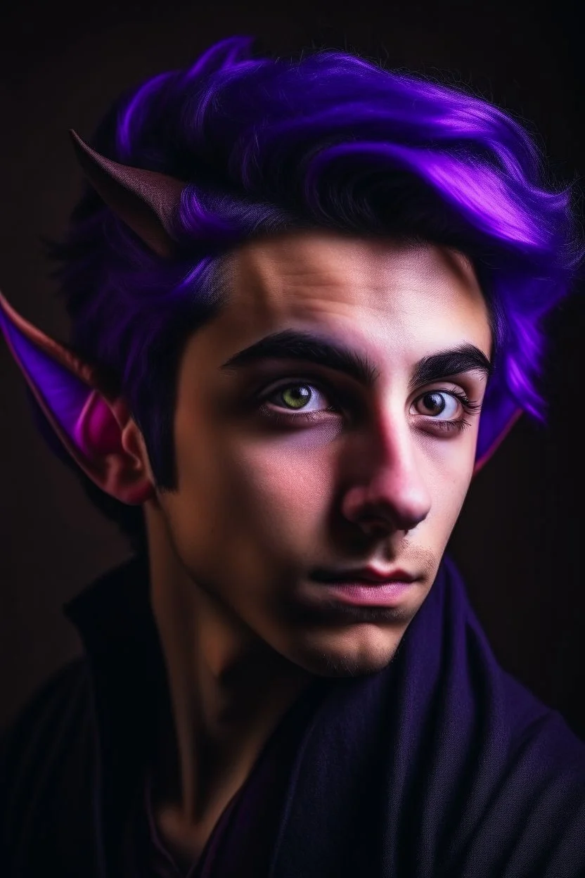 A portrait of a young elf, a wizard, spike ears, purple hair, Caravaggio style