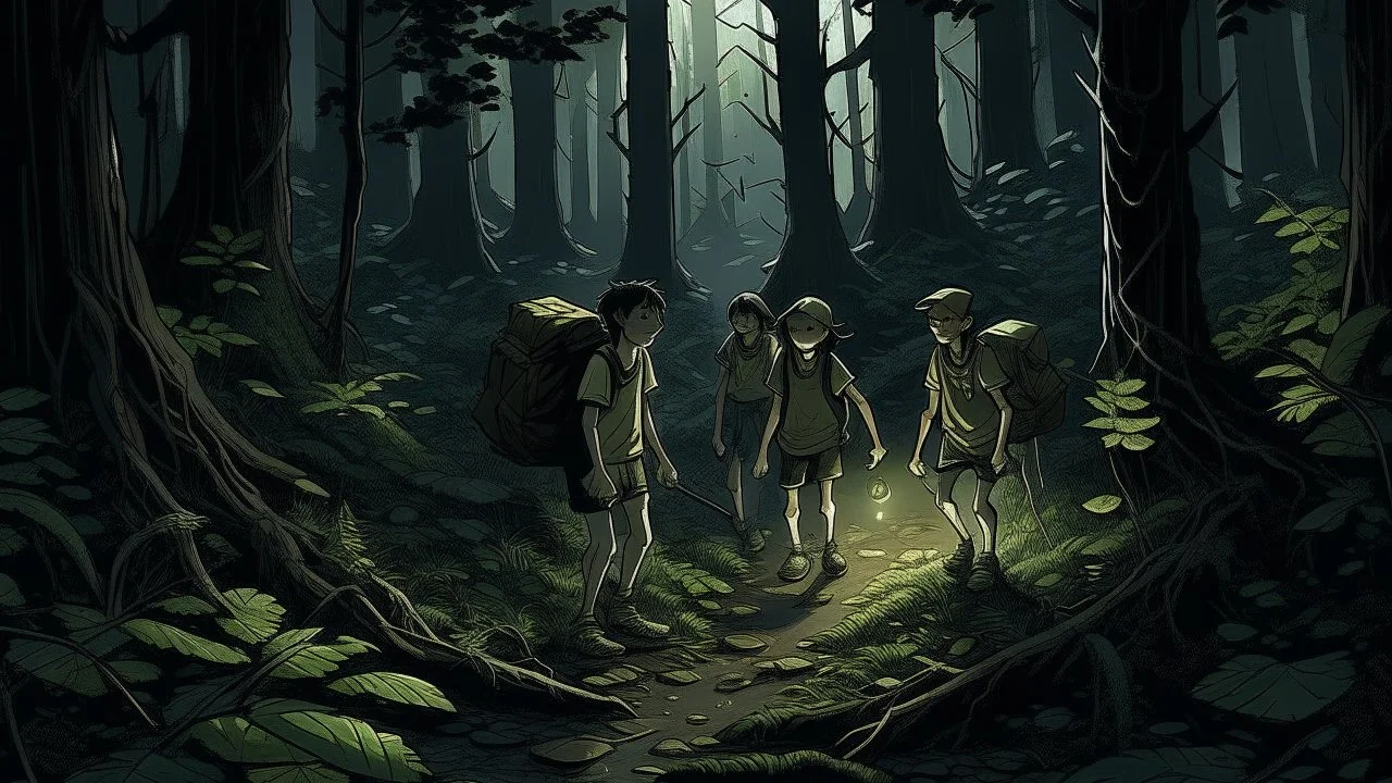 The friends' new adventure begins in the darkness of the forest, where they decide to search for the source of the dark forces that attacked their camp. The dense trees cast mysterious shadows on the wet ground, and the lights that twinkle in the night cast shadows on the objects scattered in their path. The friends walk cautiously, each step stirring up fallen leaves and confusing dark branches. The night fills the forest with terrifying silence, interspersed with the sounds of the nightlife a