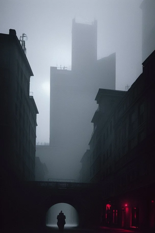 Dark street creepy fog colours strong texture nightmare 8k artistic Photography volumetric light, Yves Tanguy Max Ernst