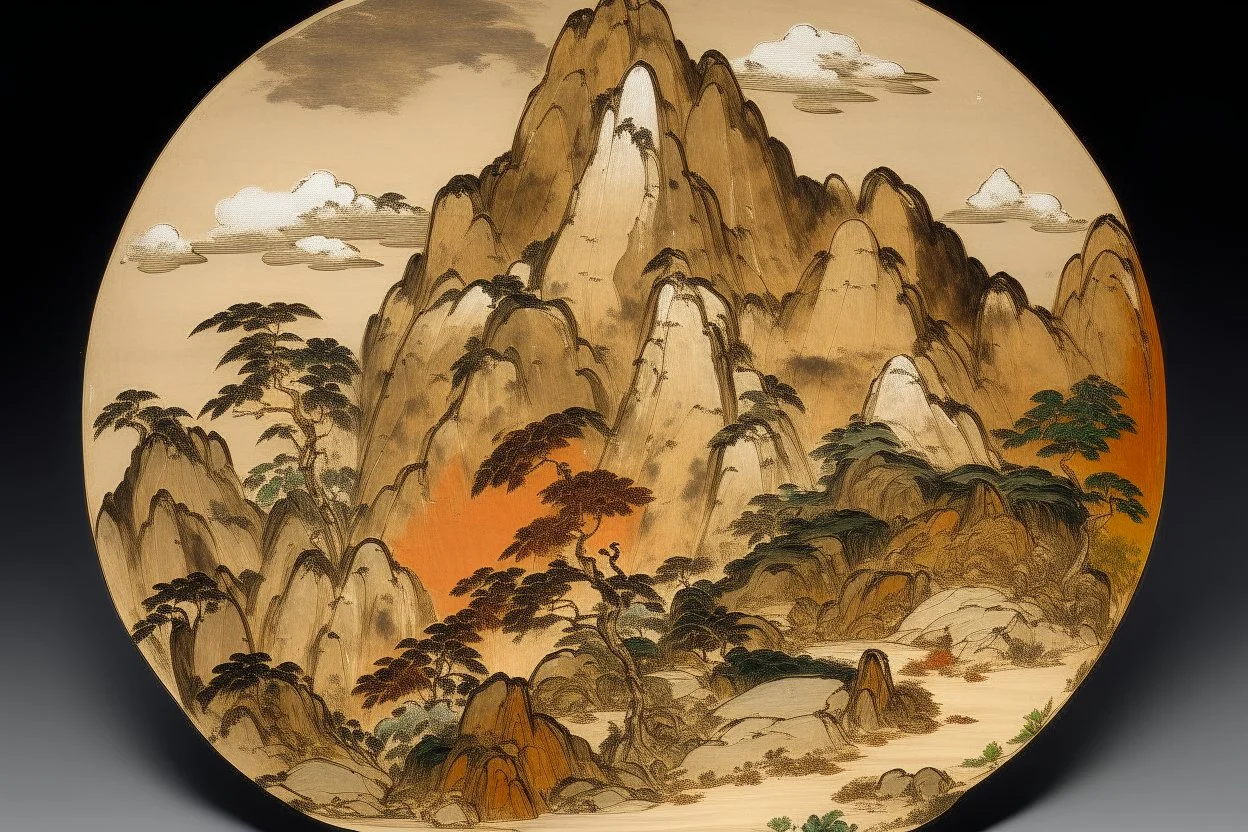 A brown mountain with flat rocks designed in Chinese paper art painted by Édouard Manet