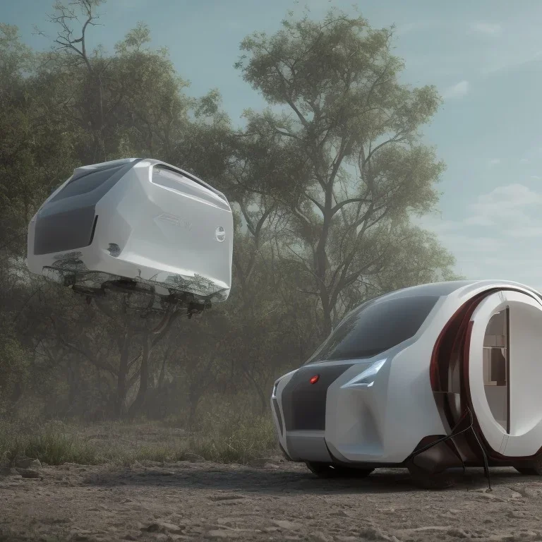 An electric recreational vehicle, an autonomous concept vehicle, which turns from a vehicle into a small house by inflating