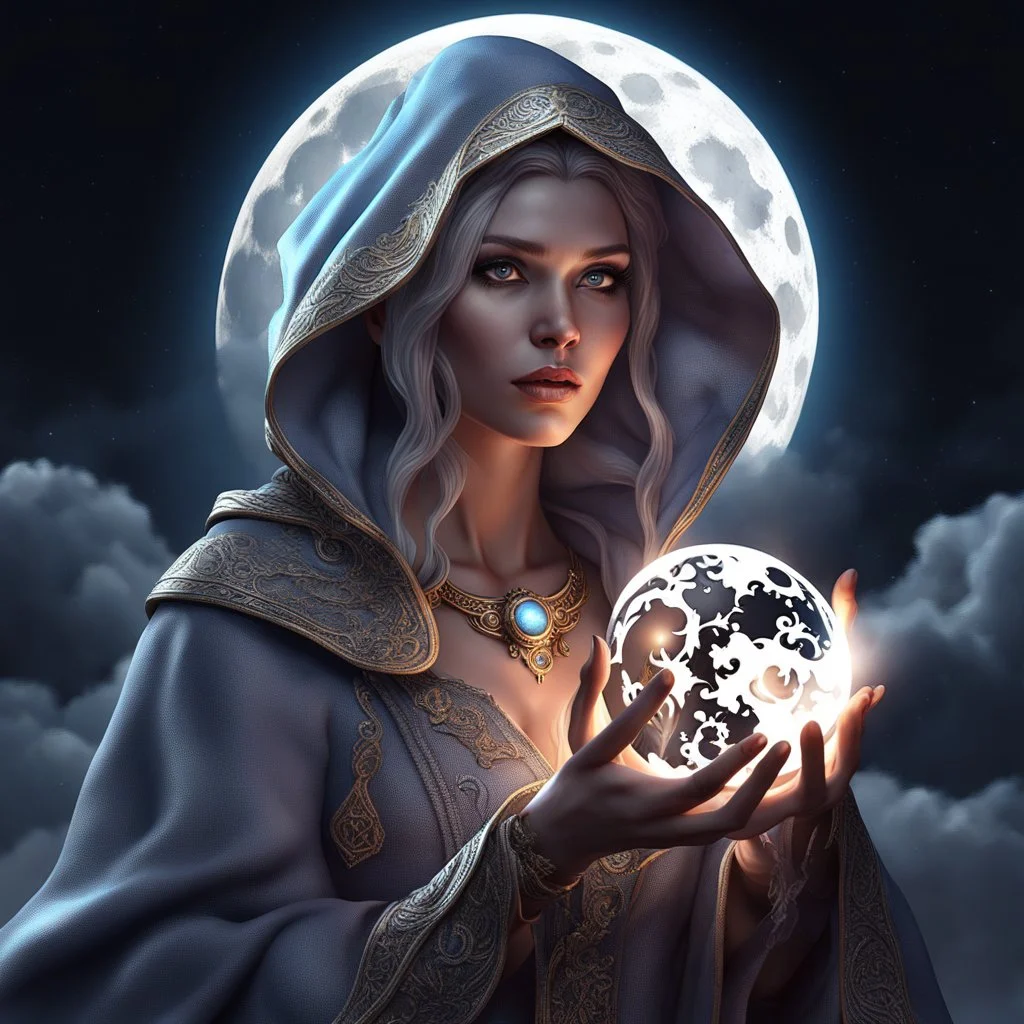 Photorealistic shot of a woman mage holding the Moon in her hand, her face illuminated by moonlight, CGSociety, ZBrushCentral, digital illustration, space background, 3d shading, fantasy art digital painting, digital illustration, extreme detail, digital art, 4k, ultra hd Smoke, smoke clouds, fog, mist, clouds