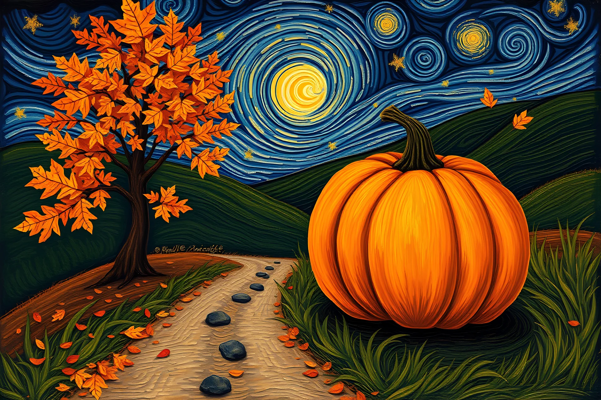 Van Gogh style, folk art, autumn, one small pumpkin, trees, leaves, night, swirls, old dirt path, hills