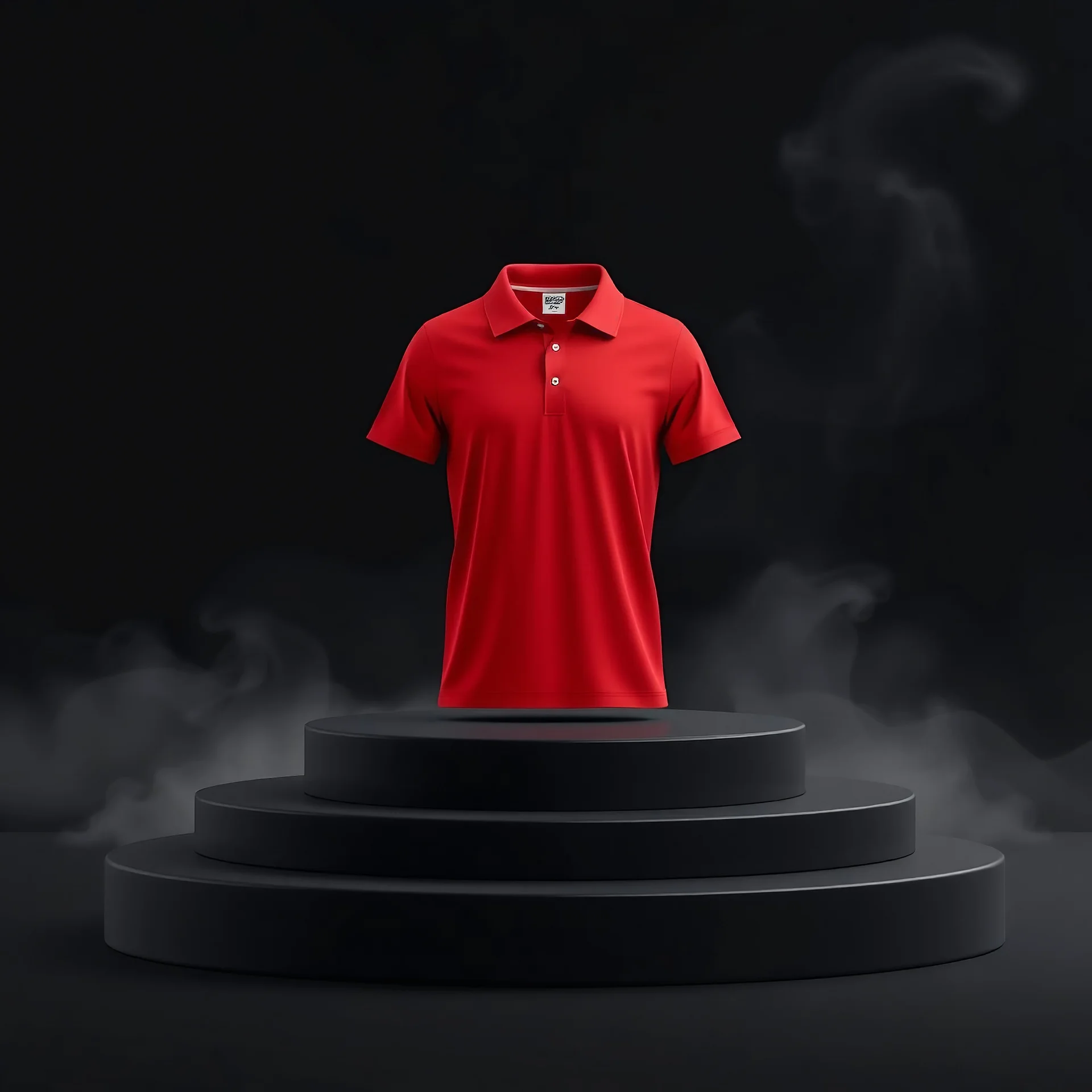 Mock up 3D red polo shirt on a black background podium with light smoke, Ai generated Images