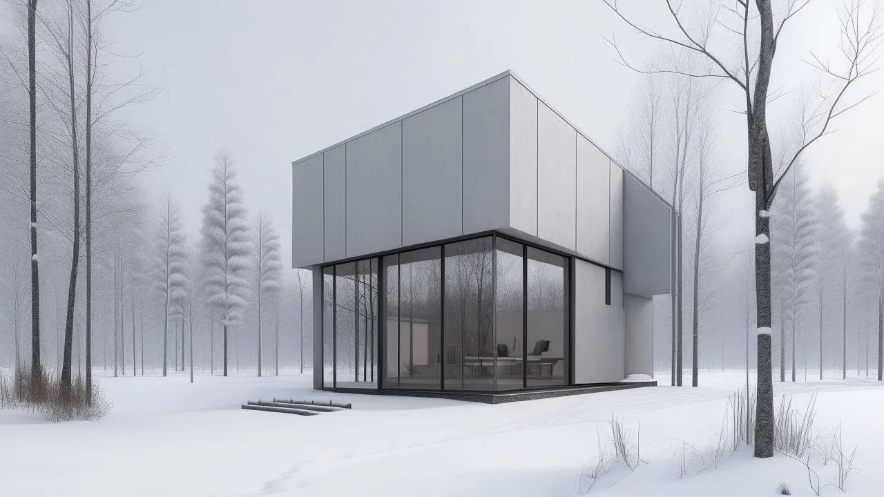 Modern and minimalist house in a winter environment is light gray, with vertical siding that gives it a subtle texture. There are small rectangular windows and a visible door, all emitting warm light from the inside. The house is situated in a snowy landscape, with several bare trees scattered around, suggesting that it is winter or a cold region.