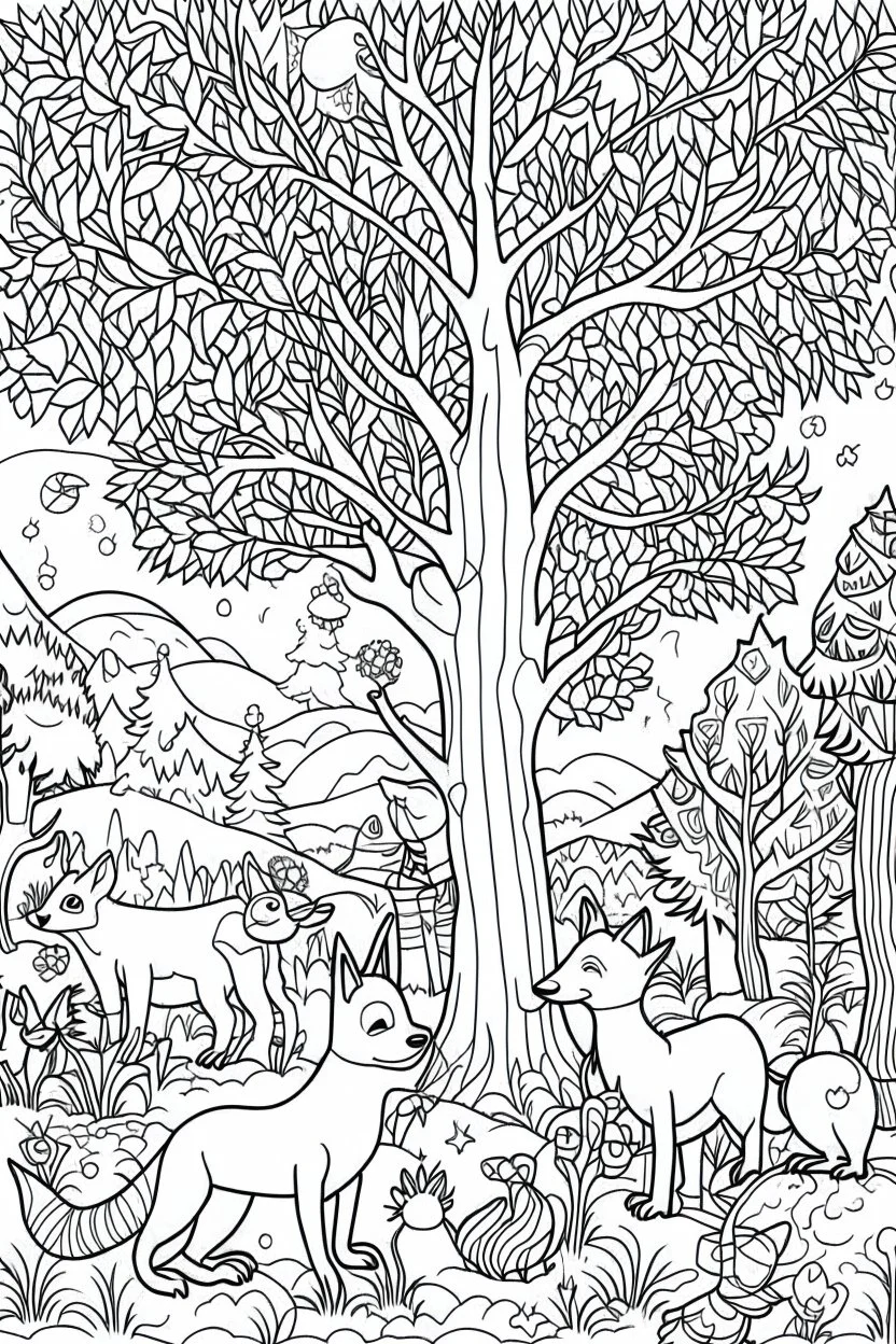 A coloring page bold ink sketch illustration drawing of A festive woodland scene with animals wearing Santa hats and exchanging gifts under a snow-covered tree.