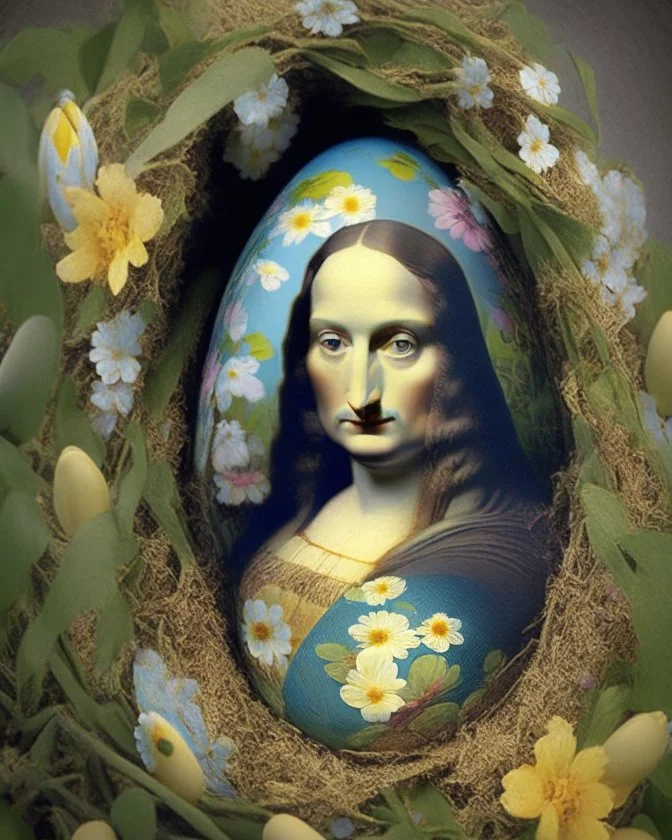 the Mona Lisa on an Easter egg in a nest of flowers