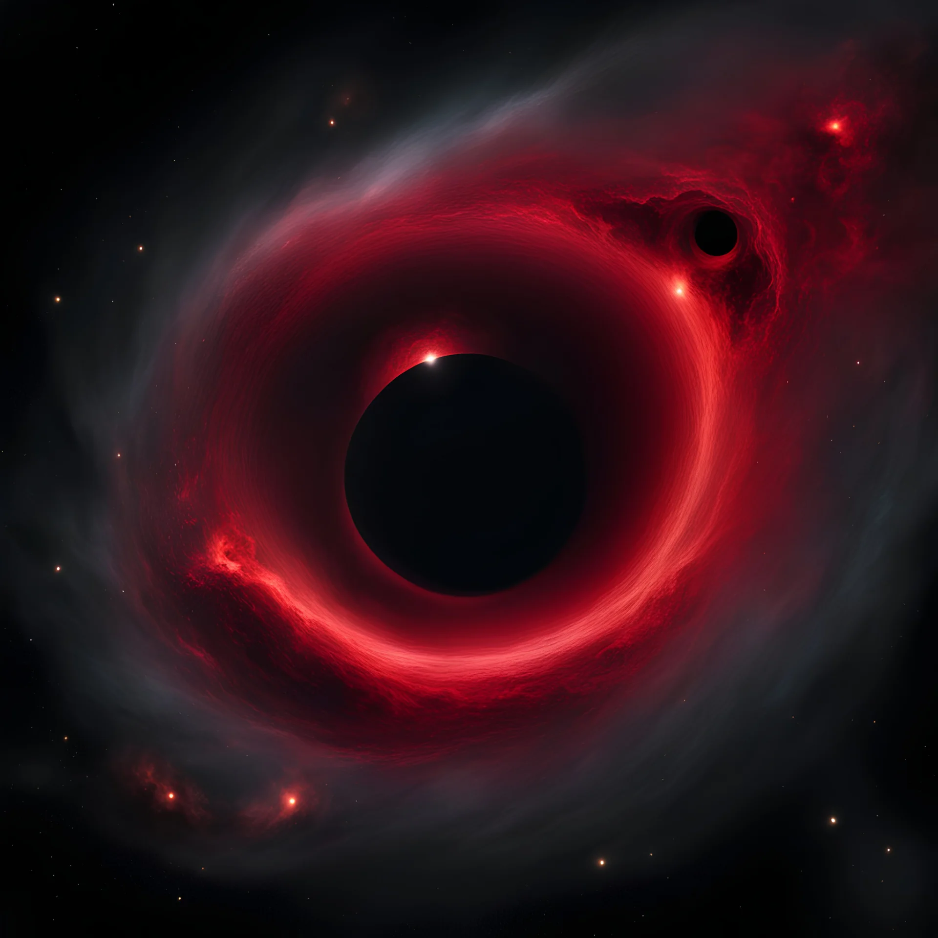 an ominous deep red and black black hole floating in deep space