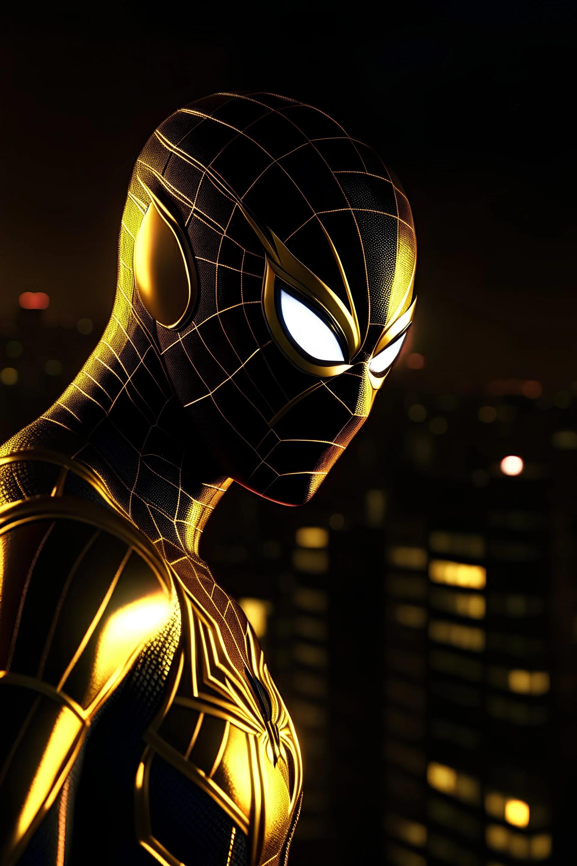 IRON-SPIDER. UHD photorealistic, SPLIT TONE. CHIGAGO NIGHT SKYLINE IN THE BACKGROUND, studio portrait. Neo-Gothic, smooth, sharp focus, art by artgerm, cinematic lighting, extremely detailed,
