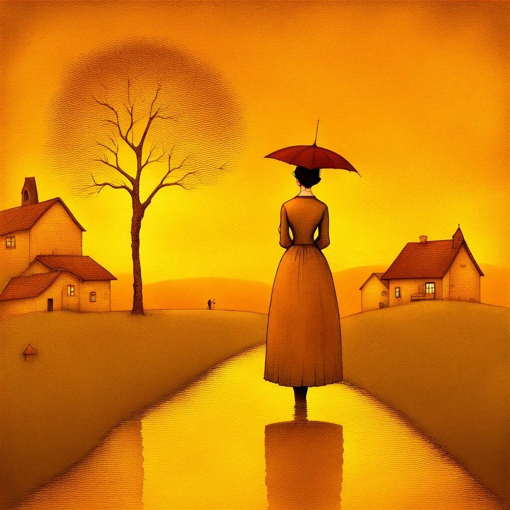 Nostalgia-evoking, breathtaking surreal masterpiece, channeling Sam Toft, Gustav Klimt, Andy Kehoe, Amanda Sage, features a quaint village scene bathed in setting sun's golden hues, painted textures conjuring yesteryears, fusion of folk art, sharp focus, studio photo, intricate details, artstation trending, highly detailed, Greg Rutkowski signature style, golden hour lighting, Modifiers: beautiful very cute visually breathtaking beautiful