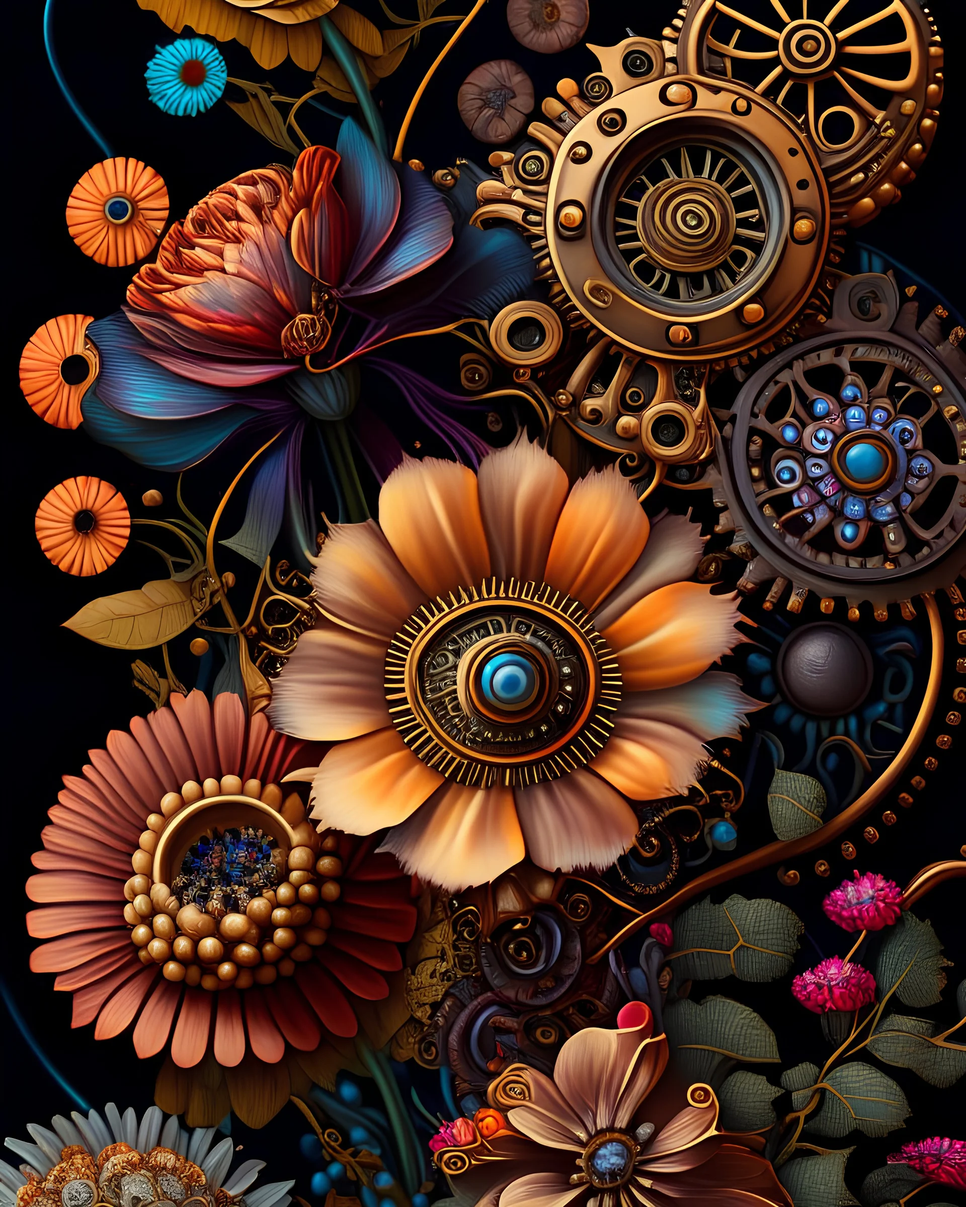an ultra 8k detailed painting of many different types of steampunk flowers in RedBubble store style, intricate patterns, colorful, photorealistic