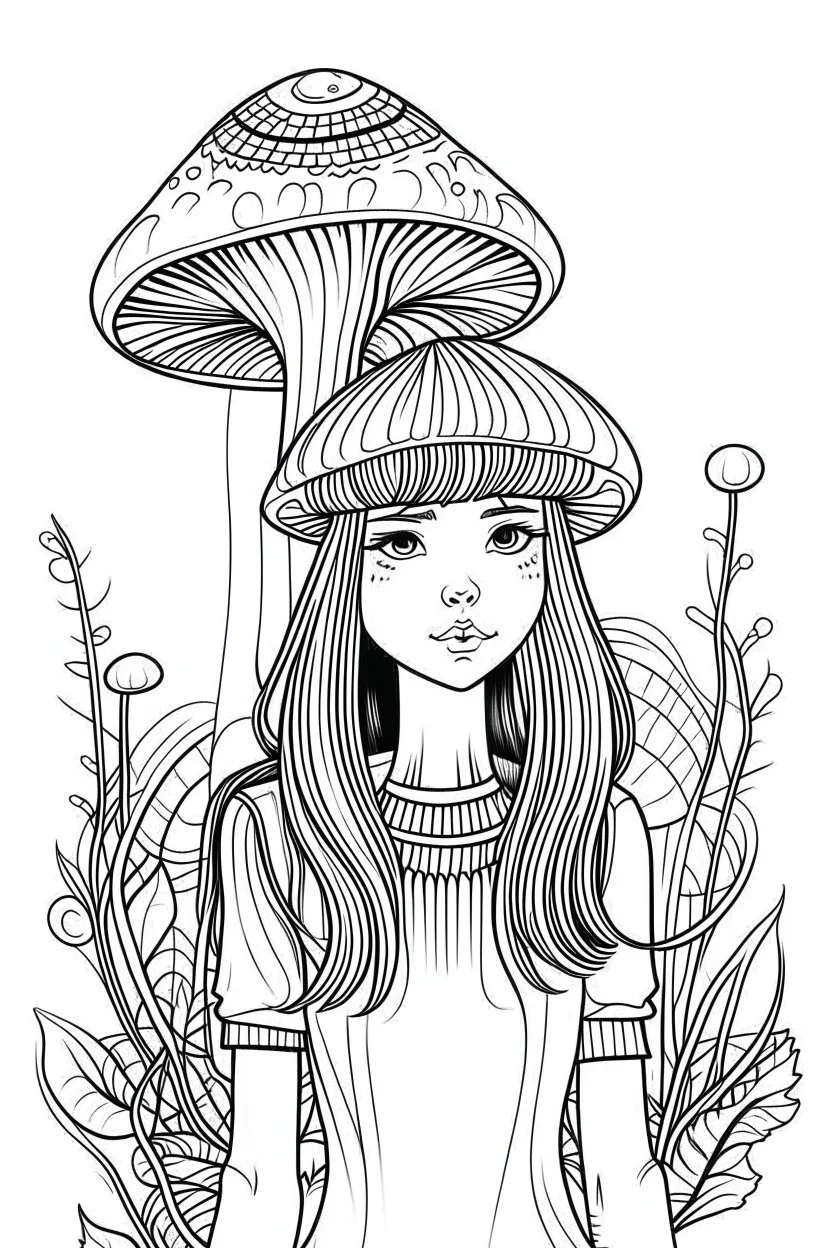 mushroom girl idea, line art, background, vector, svg, black outline on white background, leave plenty of white space beetween lines for coloring, tattoo style, tattoo idea,full body, minimalist