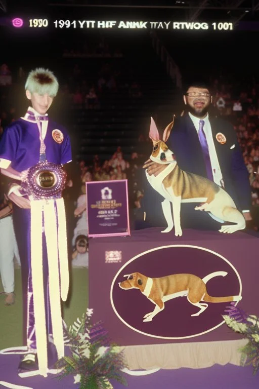 1990 dog show the winner is a "half human rabbit combined animal::40", realistic (film Color Mission 200::10) photo from old disposable camera , grainy photo