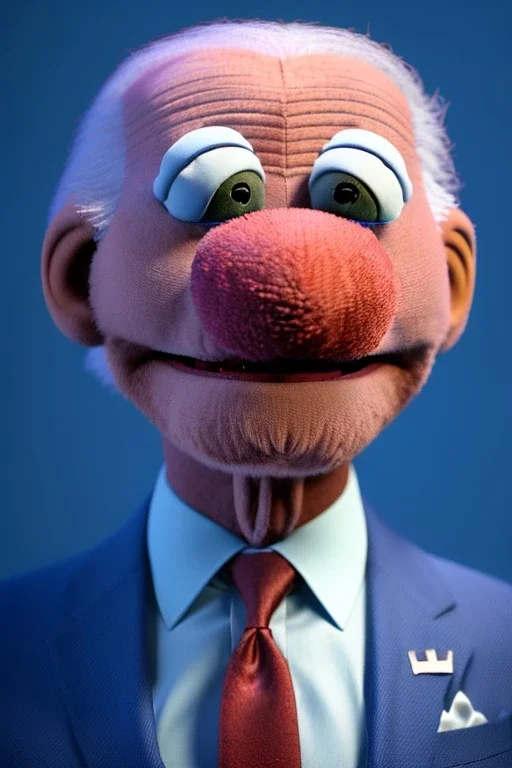 Waist up muppet Portrait, joe Biden as muppet doll, Blue suit, photo studio, blue background, unreal engine 5, concept art, art station, god lights, ray tracing, RTX, lumen lighting, ultra detail, volumetric lighting, 3d.