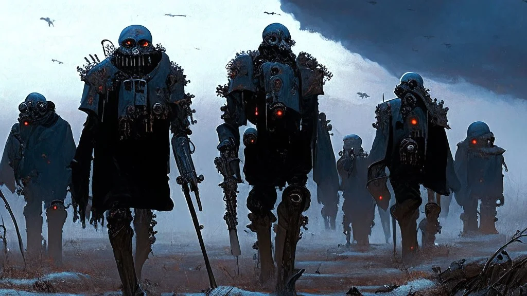 Bio-engineered undead robot army marching, machine army, weapons, tactical wear, gas masks, dark winter landscape, techno gothic aesthetic, epic, science fiction painting, Denis Sarazhin, Alex Colville, Simon Stålenhag, Neil Blomkamp, Frank bowling, Christopher Shy, Alejandro Burdisio, Tye MRAW, gritty, high contrast, atmospheric horror art, suspenseful, vivid, neon overlay, glitch grunge, harsh textures, dramatic, surreal horror, gestural, retro futuristic, nightmarish art, apocalyptic art,