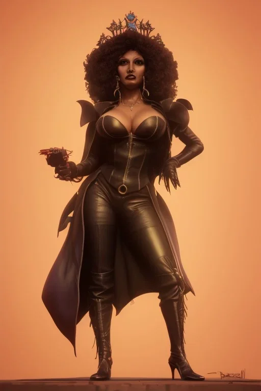 Pam Grier as evil queen in black leather, leather, busty, cleavage, angry, stern look. character design by cory loftis, fenghua zhong, ryohei hase, ismail inceoglu and ruan jia. unreal engine 5, artistic lighting, highly detailed, photorealistic, fantasy