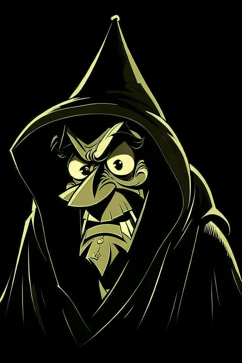 1970s goofy character of a pirate wearing a black hooded cloak, drawn in a early animation style, inside a lighter diamond shape on a black background, monochromatic