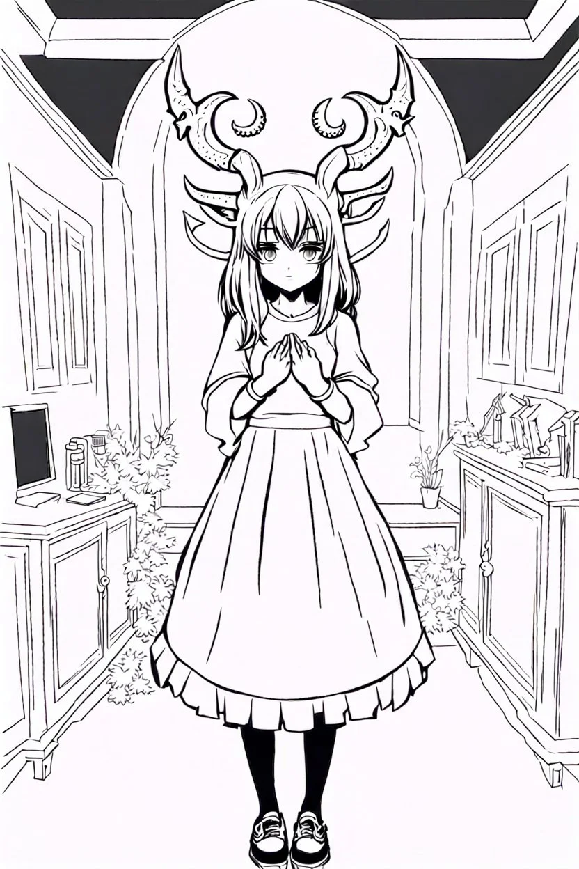 girl with demon mask in the middle of the room., line arts, manga style