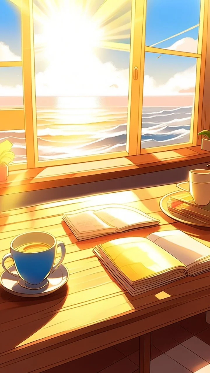 A cup of coffee with sunlight coming through the window beyond the table, golden proportions, fake details, trendy pixiv fan boxes, and the sea out the window.