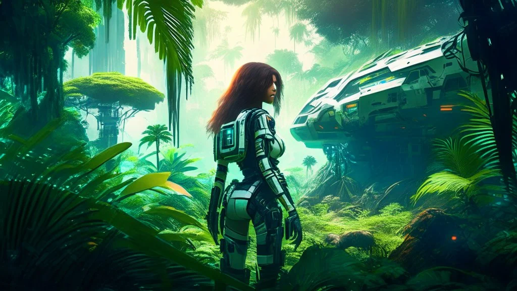 Wide-angle, woman with straight hair, dressed like a robot, with equipment in her hands, next to a crashed spaceship, in a clearing on an alien jungle world