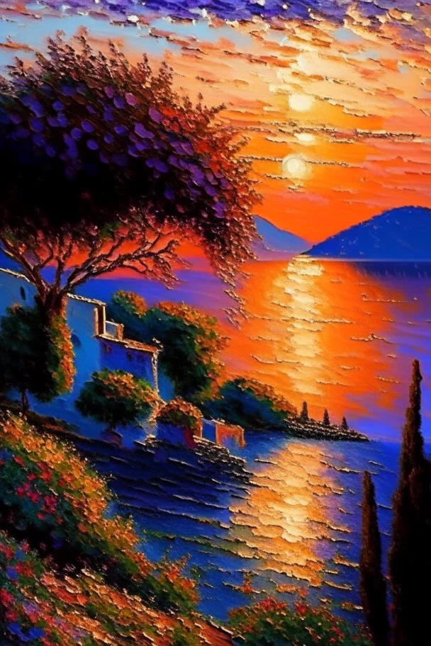 Greece landscape oil painting, detailed Claude Monet, detailed, sunset