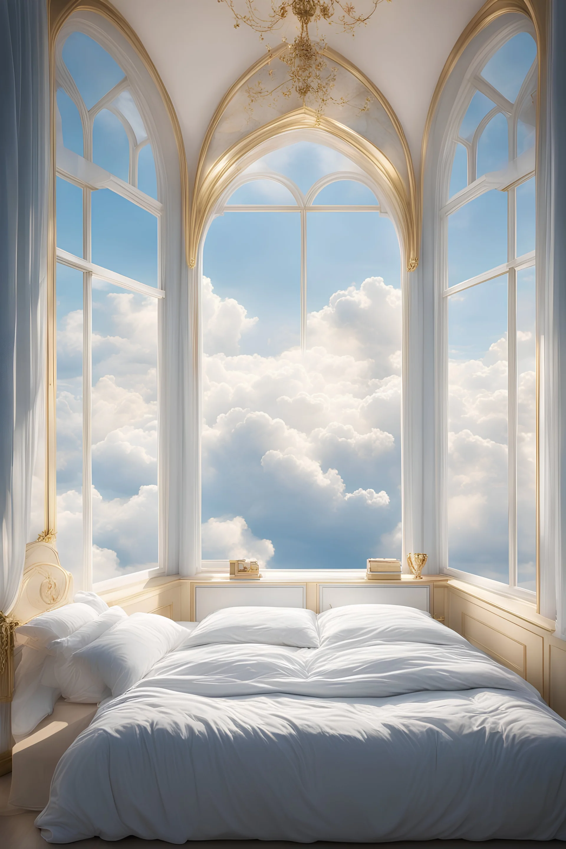 house in the clouds, bedroom, cozy, minimalism, angelic, royal, fancy, gold and white, sky, big window overlooking the sky, heavenly, soft blue