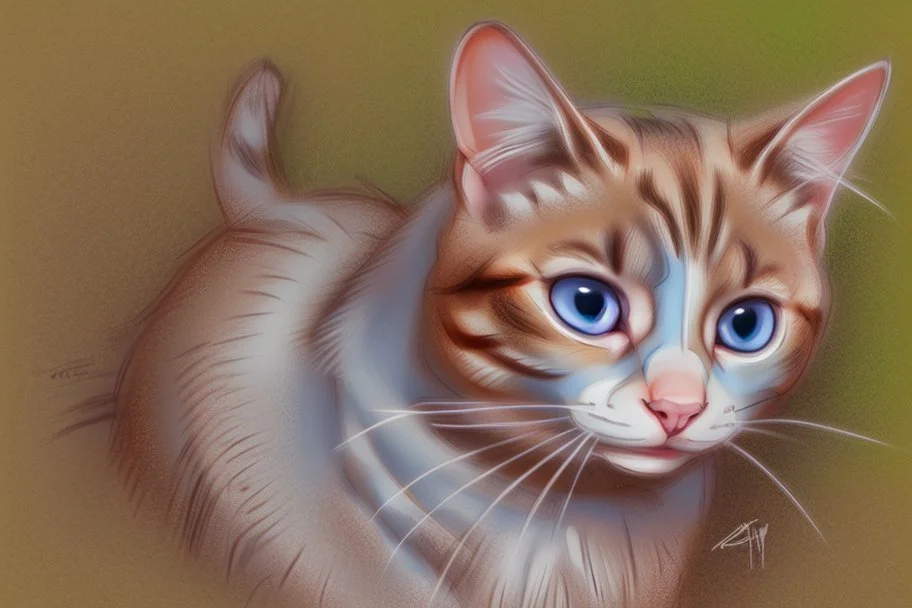 vibrant sketch, cute chibi blue eyed blonde-brown haired cat in Plitvice S<AI in sunshine, shading pastel and charcoal