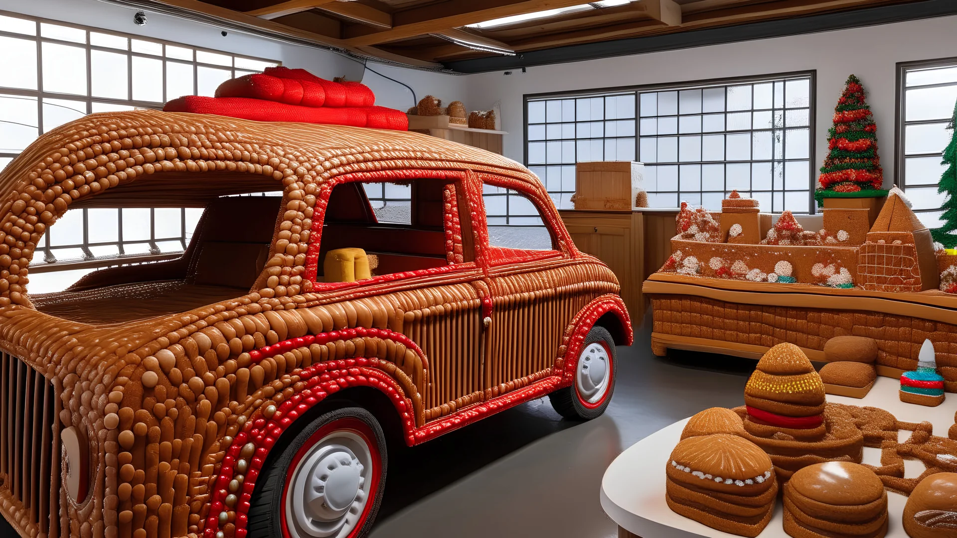 garage gingerbread interior with gingerbread car