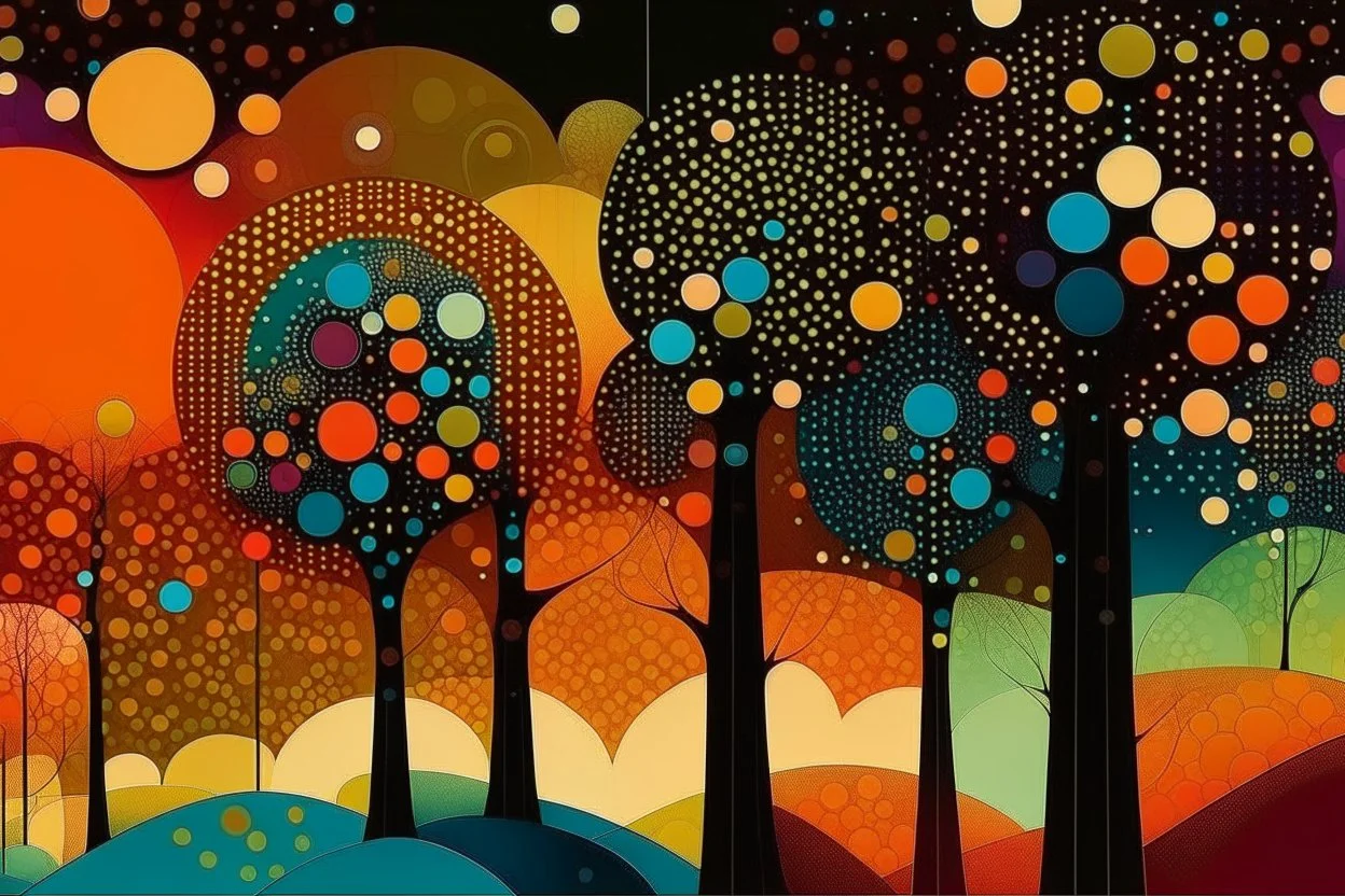 Precise mathematical geometries and genealogy trees, abstract surrealism, by Arthur Secunda and Oskar Fischinger and Andy Kehoe, silkscreened mind-bending illustration; abstract nature landscape, asymmetric, Braille code characters, UV x-ray warm colors, dark polychromatic background