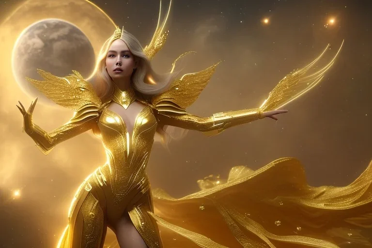  beautiful cosmic woman with golden color skin, long hair, nice smiling, magic glamour make up, delicate colors, beautiful glamour galactique dress, ultra sharp focus, 8k, unreal engine 5, extremely sharp detail, light effect, soft light atmosphere of a spaceship, smooth, full of details, face in front, complete vision of face and hair and body