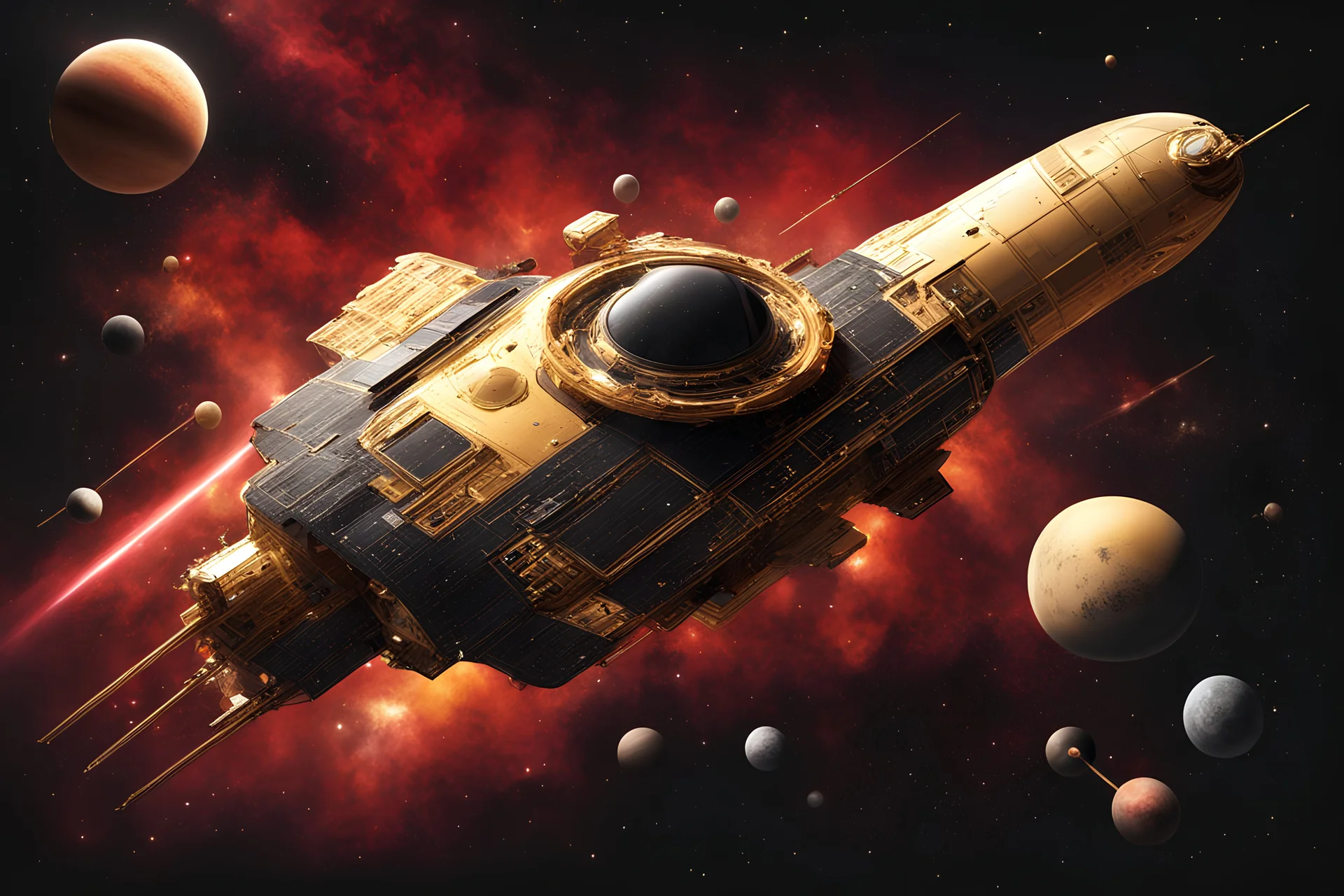 defence spacecraft in gold, black, red background space, stars, planets, nebulas