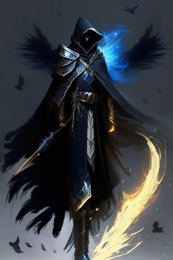 A commander with a black cloak and a long coat with long combat boots and a long spear with his Helmet is golden under his cloak like assasins With a magical power in his hand and a white anklet and boots With blue flame eyes,It has two black wings on its back