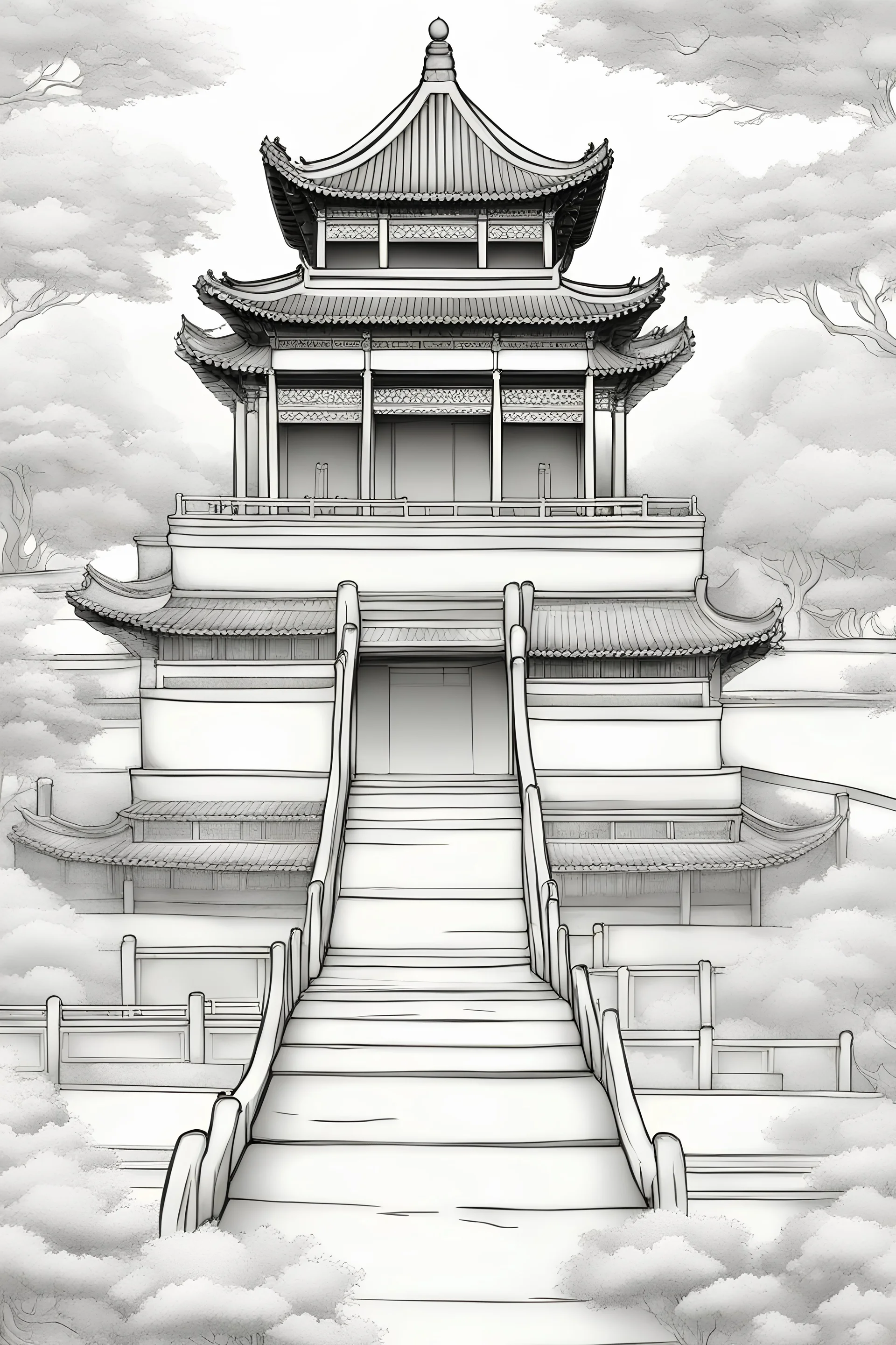 create a b/w coloring book page of the Summer Palace, Beijing ; line-art; realistic; bold lines; white background; no color, no grey-tone, no shading