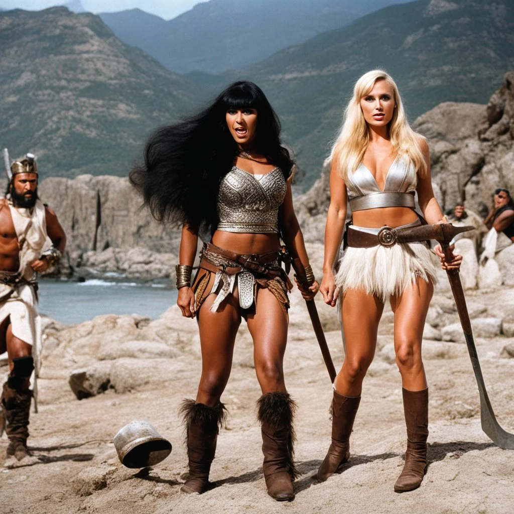 [Jameela Jamil (Tahani Al-Jamil) and Kristen Bell] as barbarian warriors with boots and her battle axe [Jason and the Argonauts (1963)]