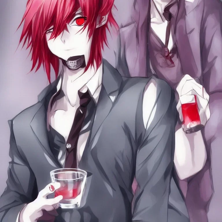 cute male anime vampire drinking blood, he has red eyes, white hair