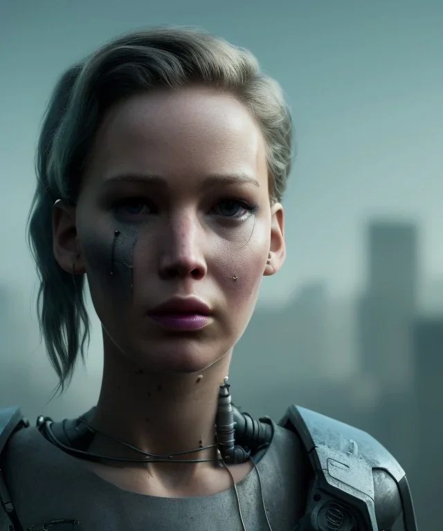 A portrait post-apocalypse cyborg Jennifer Lawrence in a cyberpunk city, sci-fi fantasy style, 8k, volumetric lighting, particales,highly detailed,cinematic, deep scars on face,deep colours.