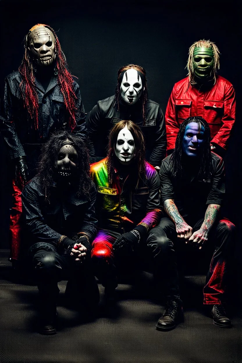 The cast of rainbow dressed as members of Slipknot