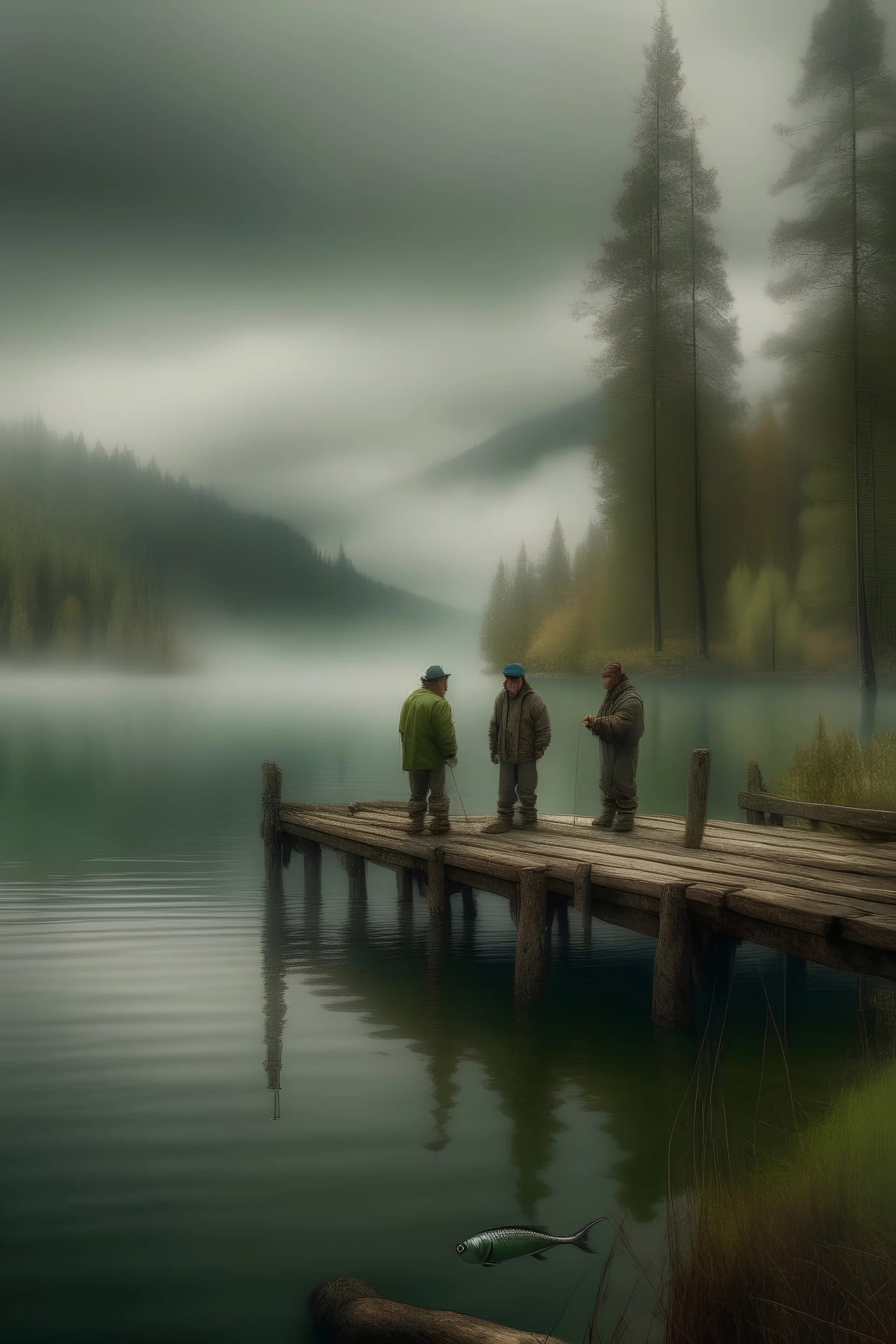 tres pescadores pescando truchas sobre un muelle en un lago patagónico con árboles y montañas, en un día lluvioso y frio, con flora autóctona al estil rembrandt