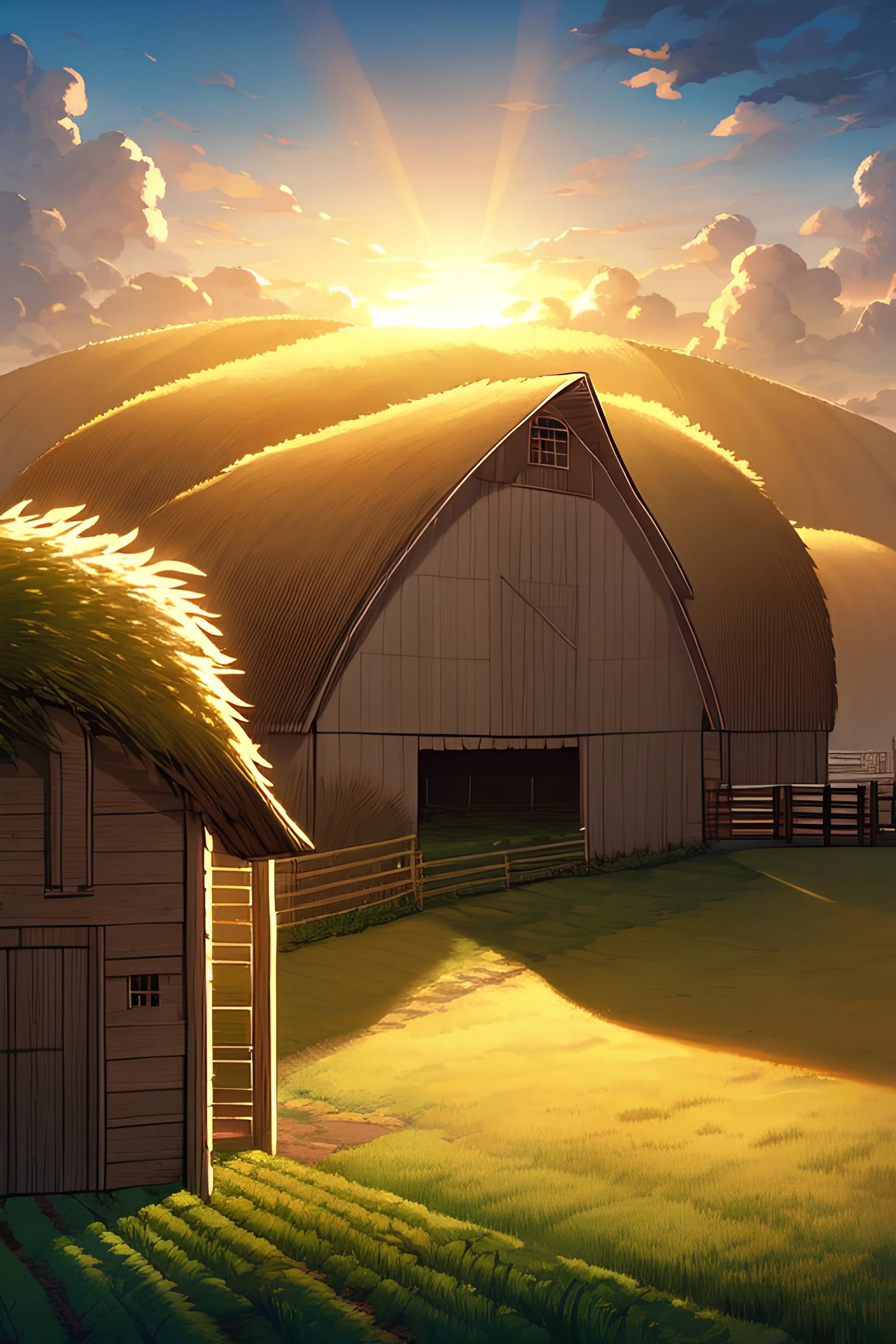 Wheat field.farm, barn, evening