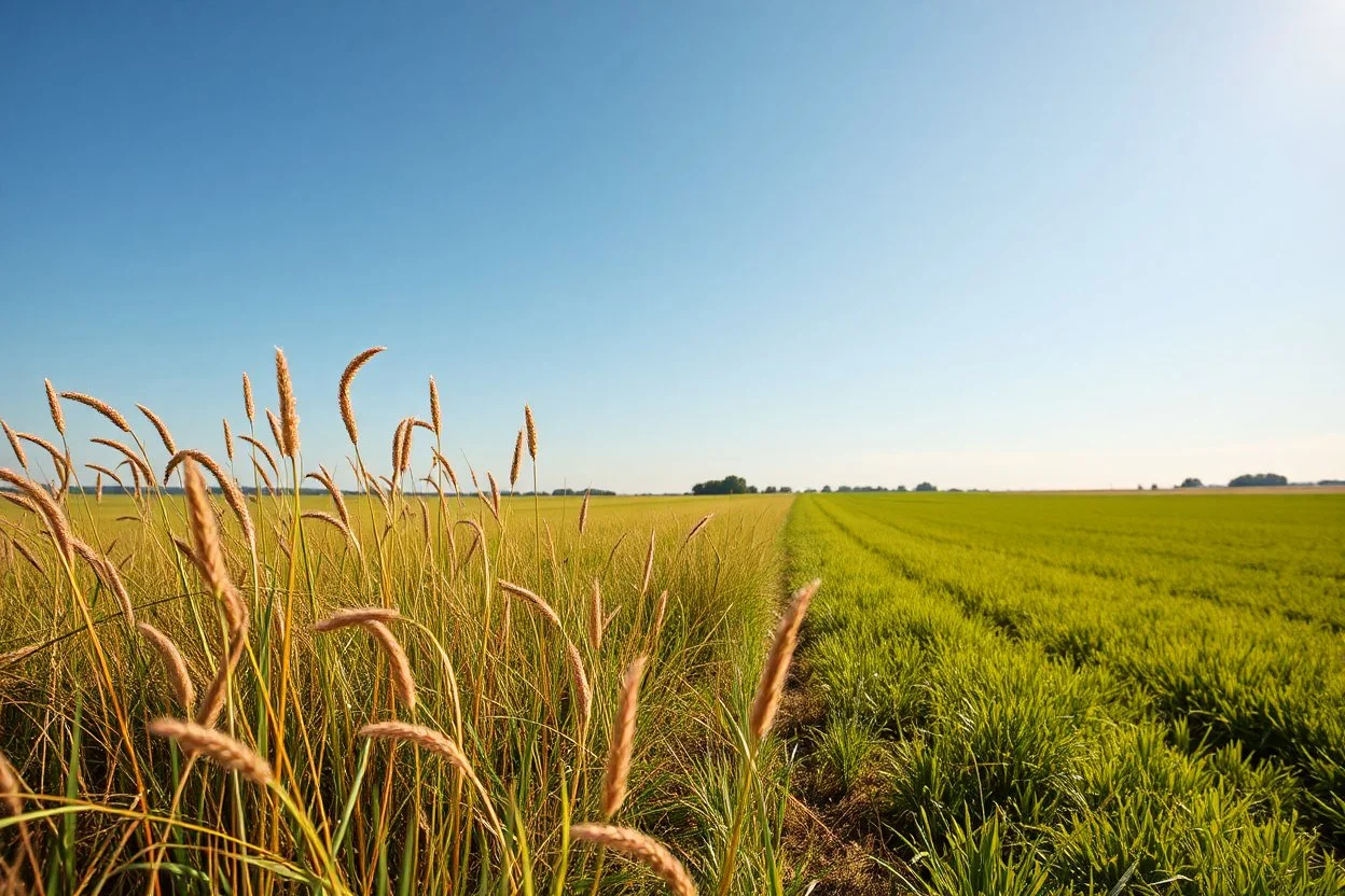 a short wild grass clearing next to an ideal farm field, sunny day, product photo setting, mid-level horizon, low drone photo