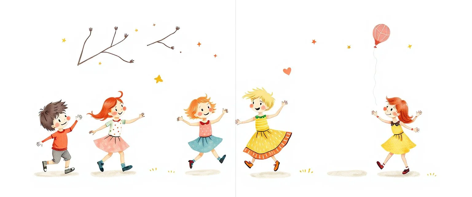 whimsical illustration of children playing and dancing. children's book style, on a white background