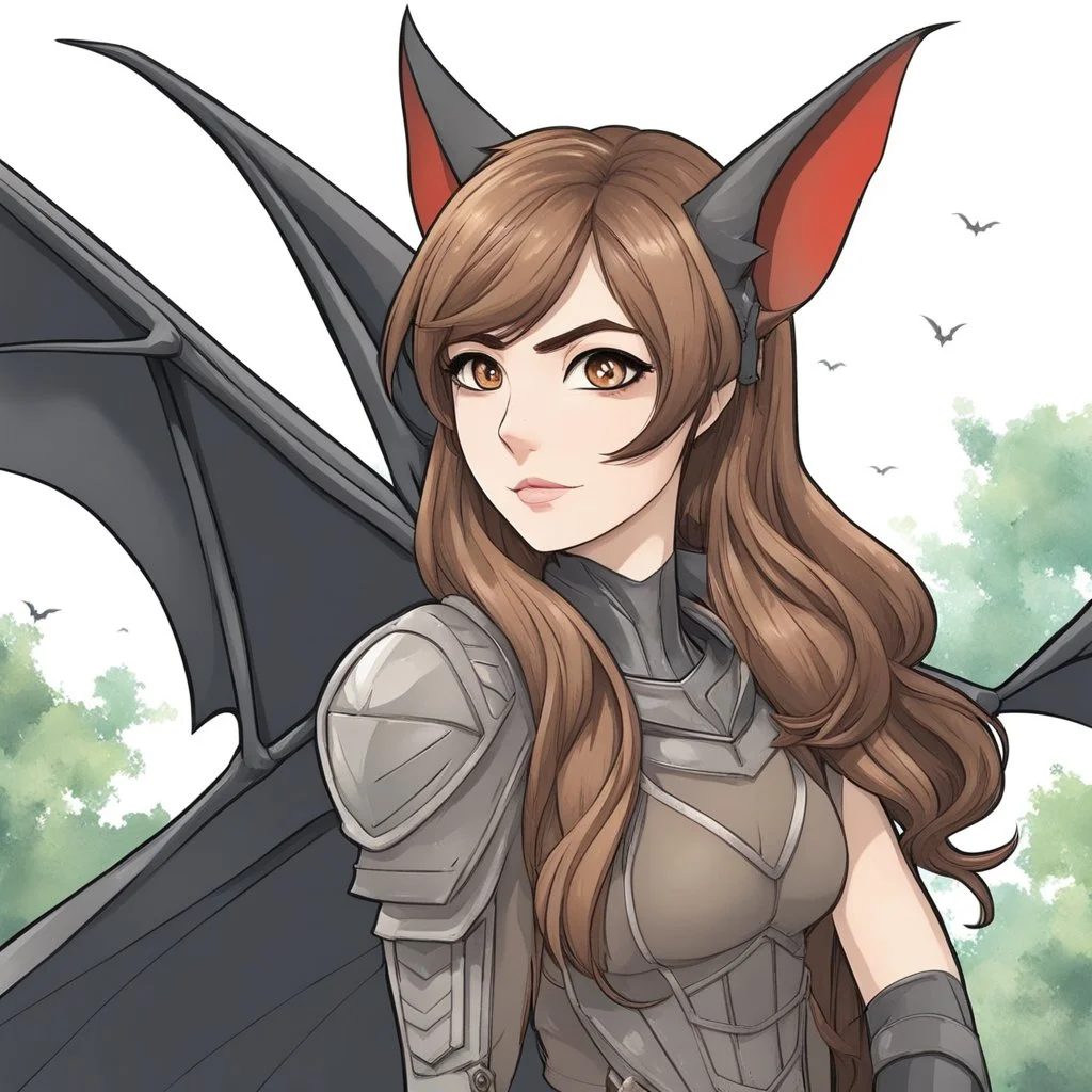 A headshot portrait of a bat demihuman which is a human with bat characteristics. woman with long brown hair, red eyes, large brown bat ears and brown bat wings, intricately detailed, cell shaded anime style, zoo background