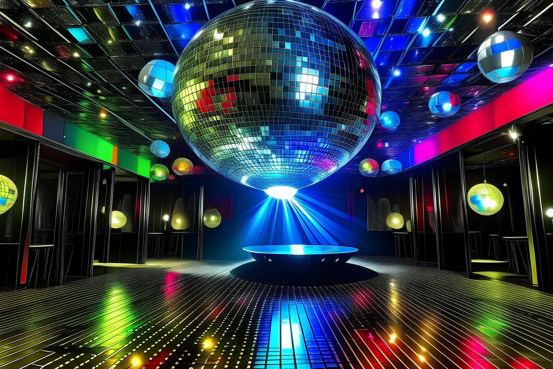 Sala dyskotekora w srebrna kula disco. dekorecje kolorowe, kolorowa grafika