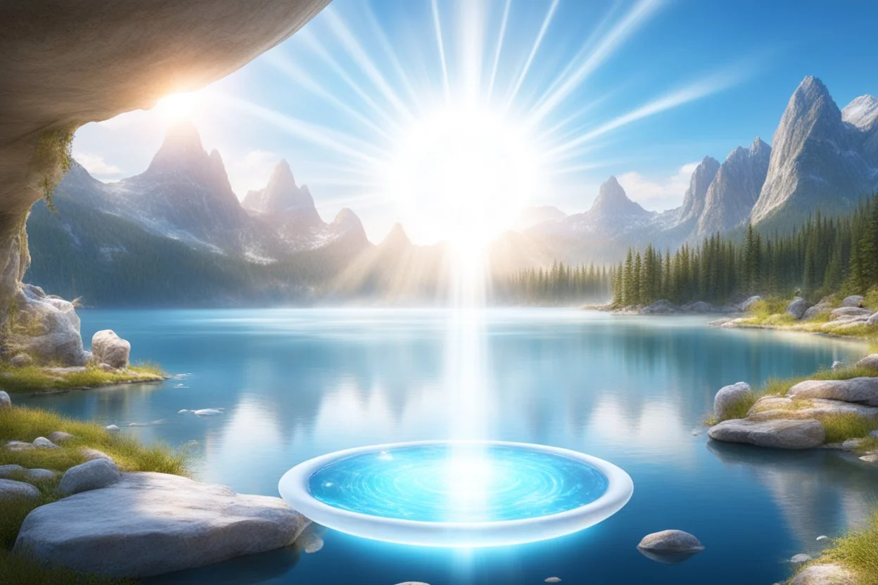 a flying saucer made of light and bright with a vertical ray of white light. it is over a magic landscape with fairy nature and crystal lake