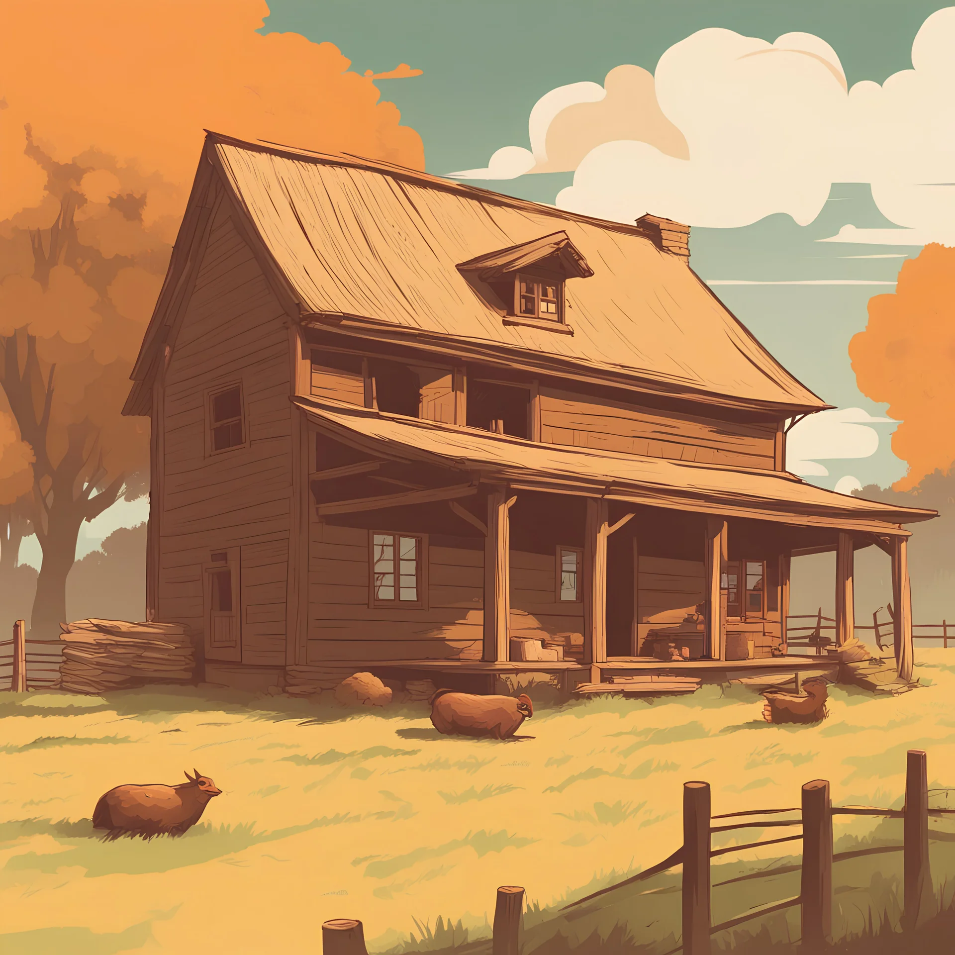 Vector. Minimal. color. 2D animated. the farm with house . 1800 AD. Digital painting, Old