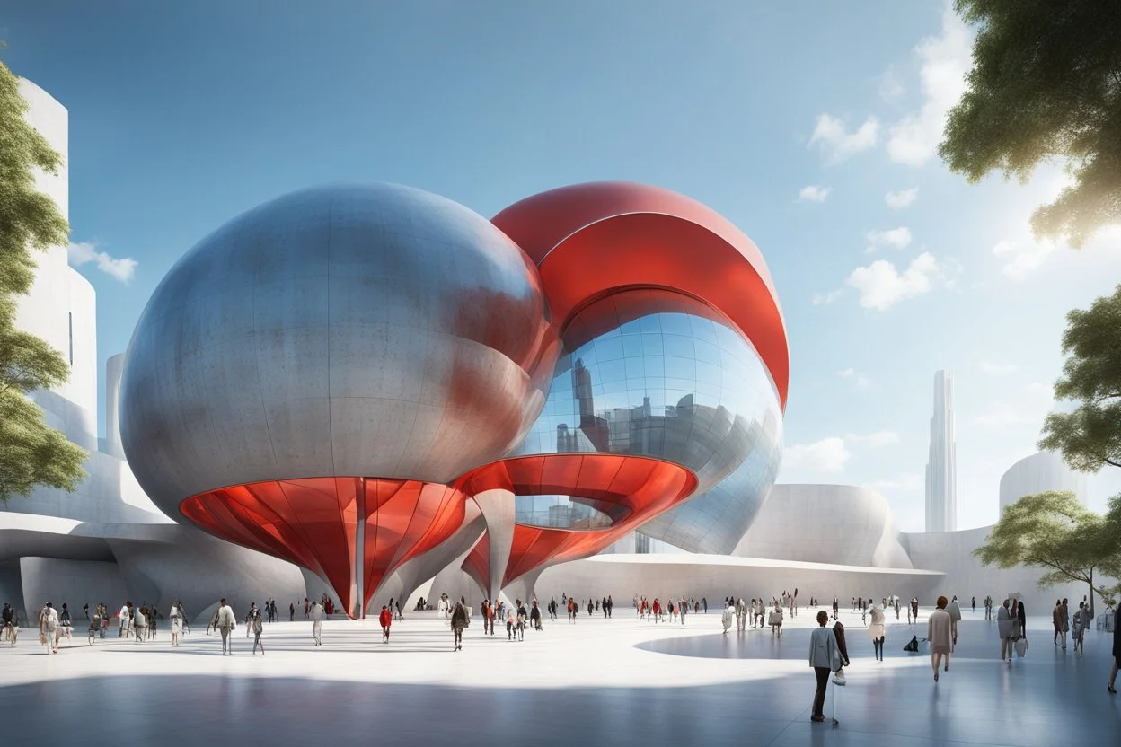 3D representation of architectural wonder, with a concrete design and matte reddish glass that contrasts with the light blue sky, emphasizing organic movement. Its design represents an ant with a bulbous tail and membrane wings with solar panels, its tail is made of concrete and glass. It stands out from pedestrians, creating a sense of scale. In open space, its use is a public place and as a great viewpoint in the mountains Combination of practicality and artistic expression in architecture