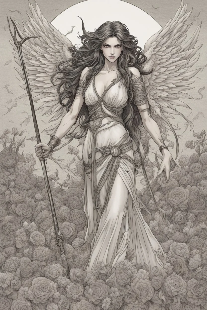 Dahlia, angel of righteous demise, Traces with her scythe a five-pointed star— A prison to bind the demon in his tracks. Raising her blade to the gloomy skies, She invokes her sacred, fearsome role— "I am the goddess of the dead and damned!" Eyes shut, she summons ancient magic And feels it swell, electric, through the soil— The pentagram glowing with arcane light.