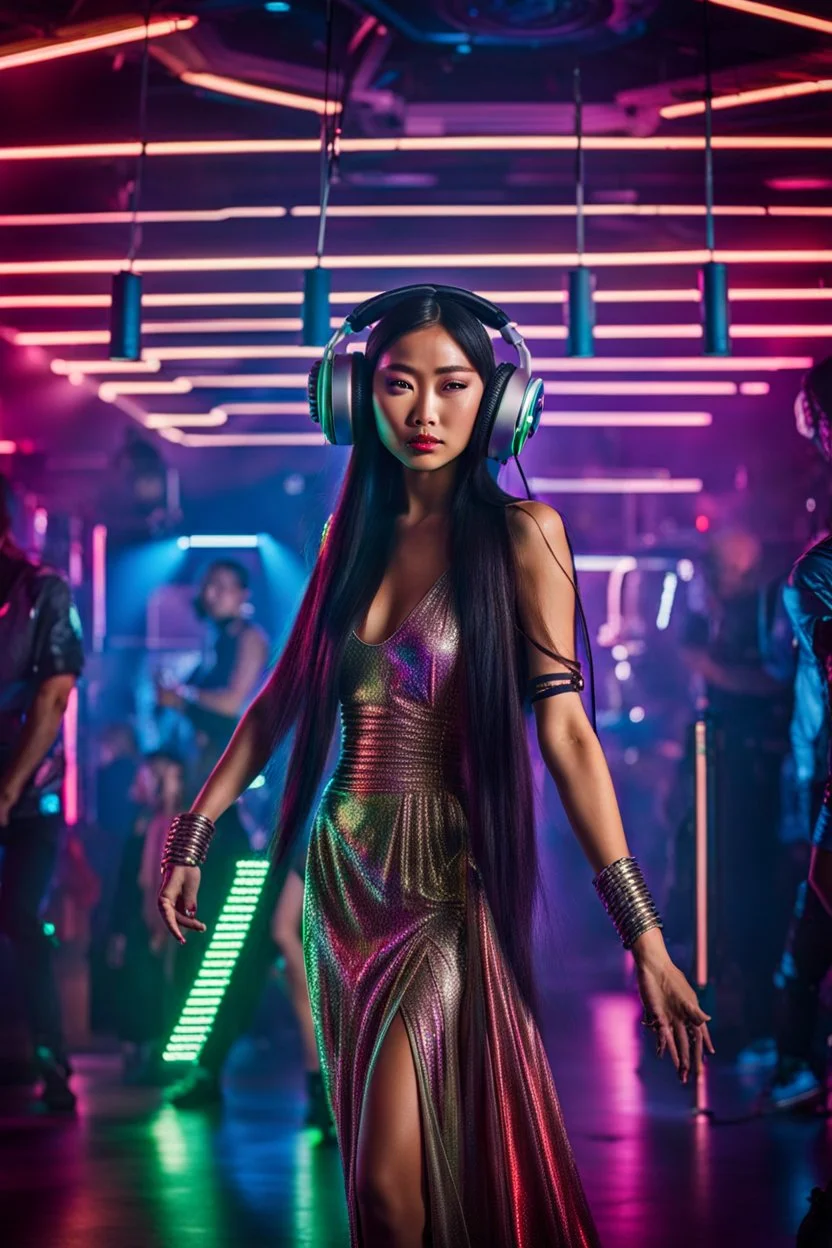 midle shot dancing in silent disco a young asian woman with long extrem hair, stunning futuristic dress and make up, wearing headphones and looking you attraktive, The atmosphere is enhanced in disco bar with neon lights, cyberpunk vibe, futuristic, light lines, photorealistic, in background blure light and blur dancing people